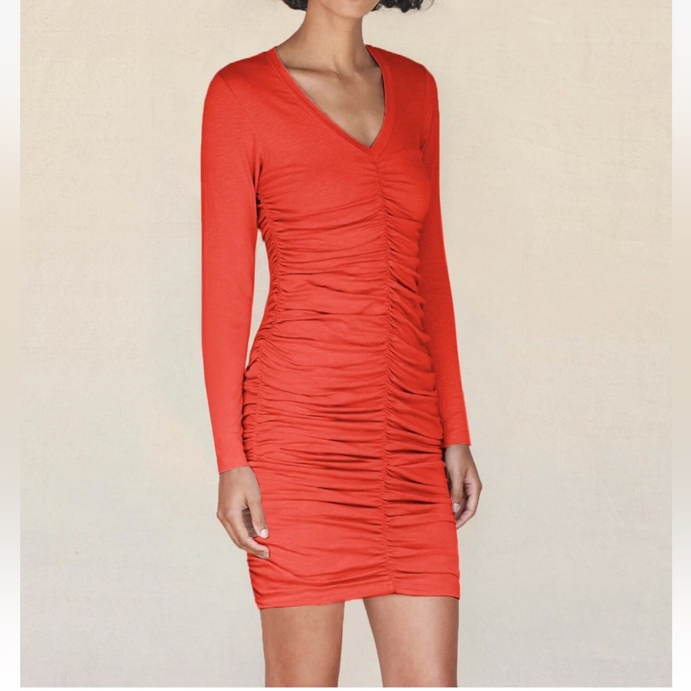 Anthropologie Sundry Ruched Long Sleeve Mini Dress Pink/Coral Size Medium - Picture 1 of 14